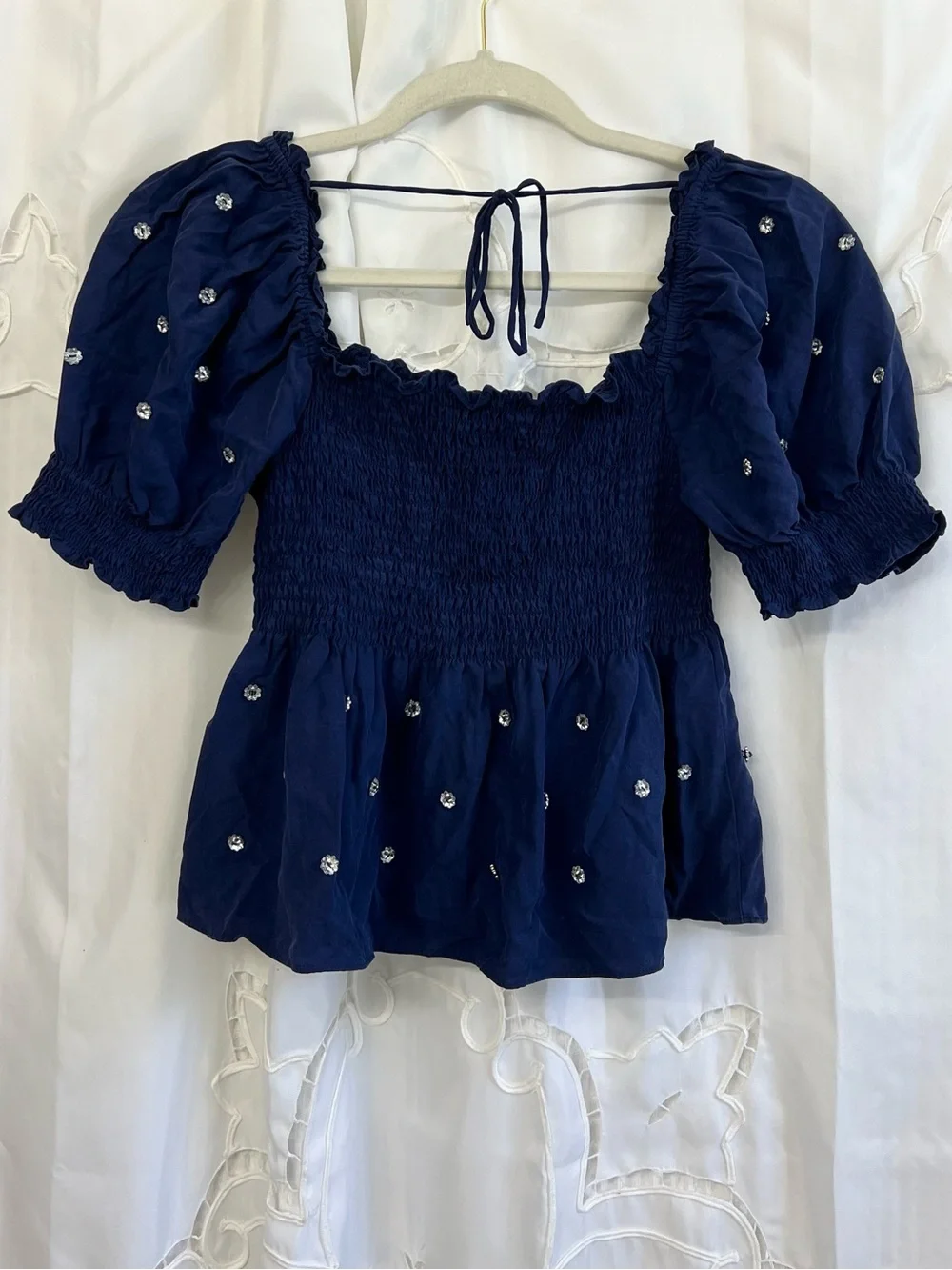 Hill House Home Jewel Jammie Top Navy Crystal Smocked Size Small
